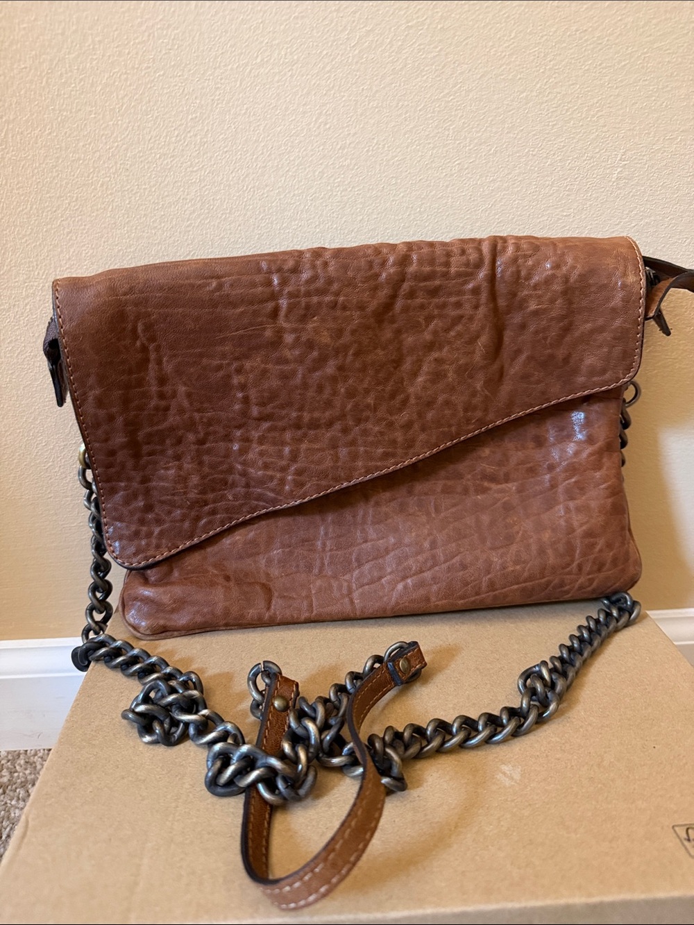 Brown Leather Crossbody Bag with Chain Strap